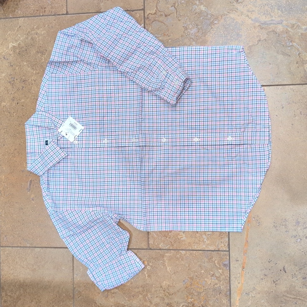 Janie and Jack boy shirt. Pink, blue and white plaid. Size 12.